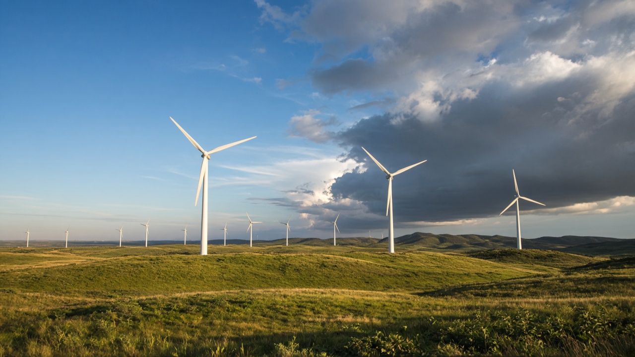 Wind turbines in a field as a storm builds