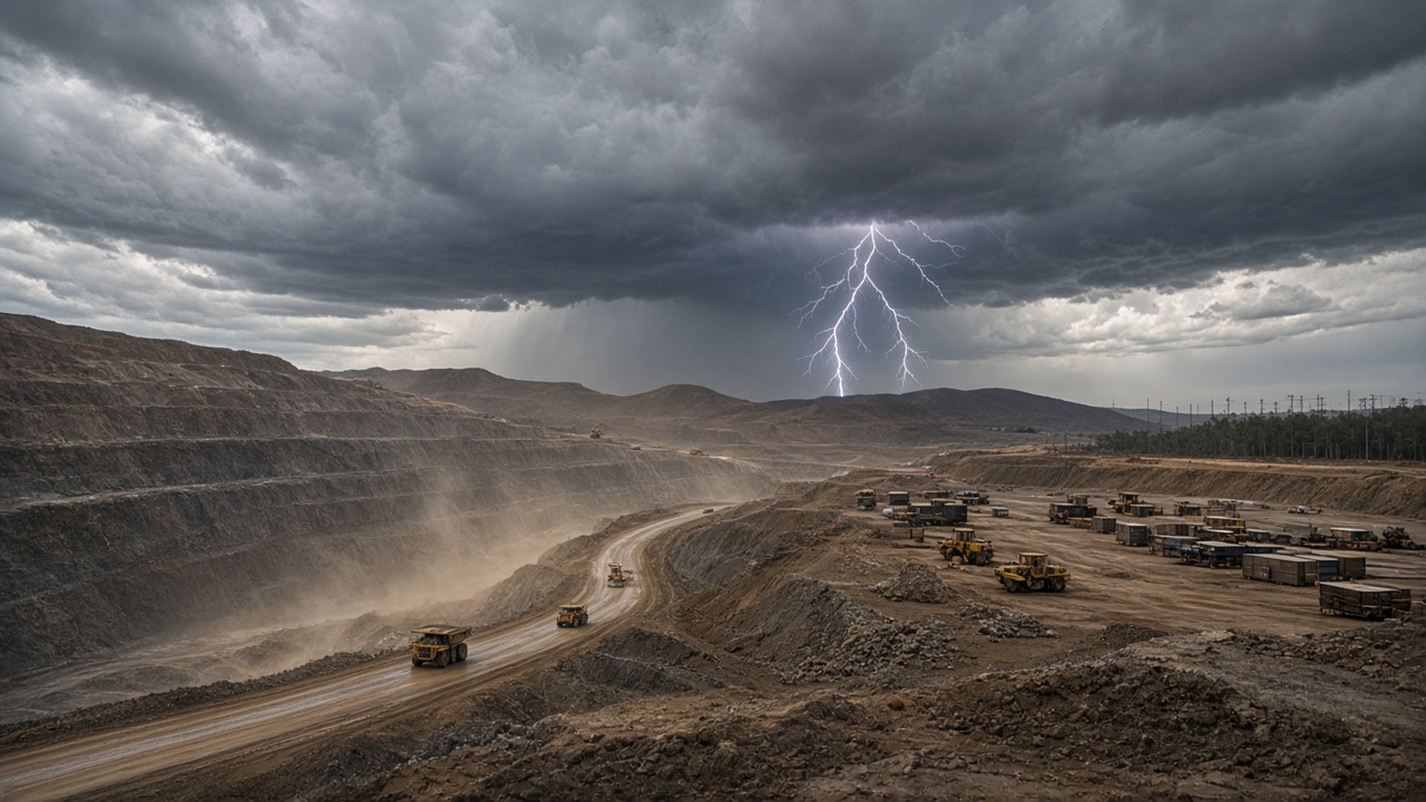 A mine yard under a storm